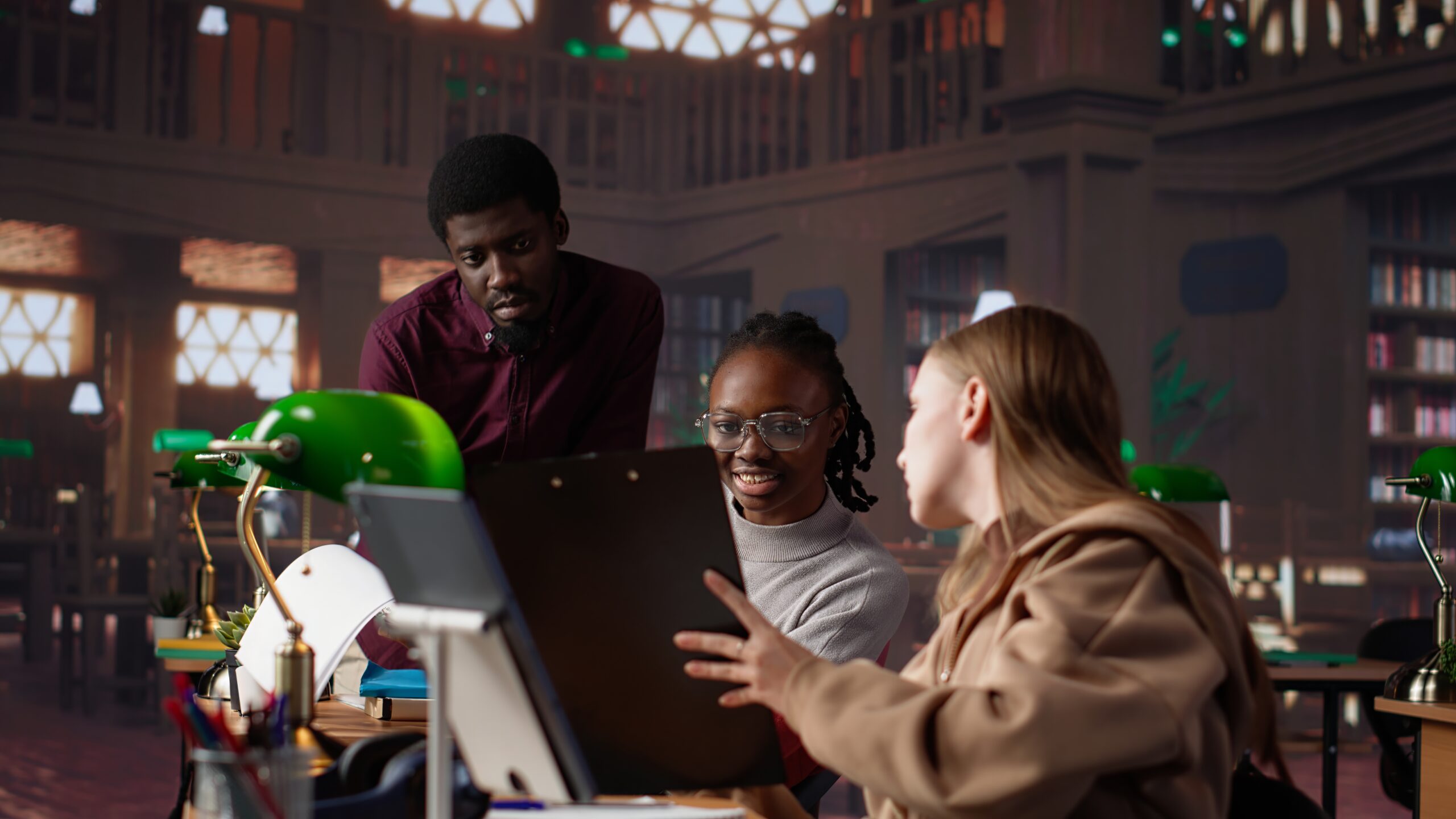 Student makes exam preparations at the university library with classmates, doing research to complete handwritten class notes. Girl collecting information for academic citations. Camera A.